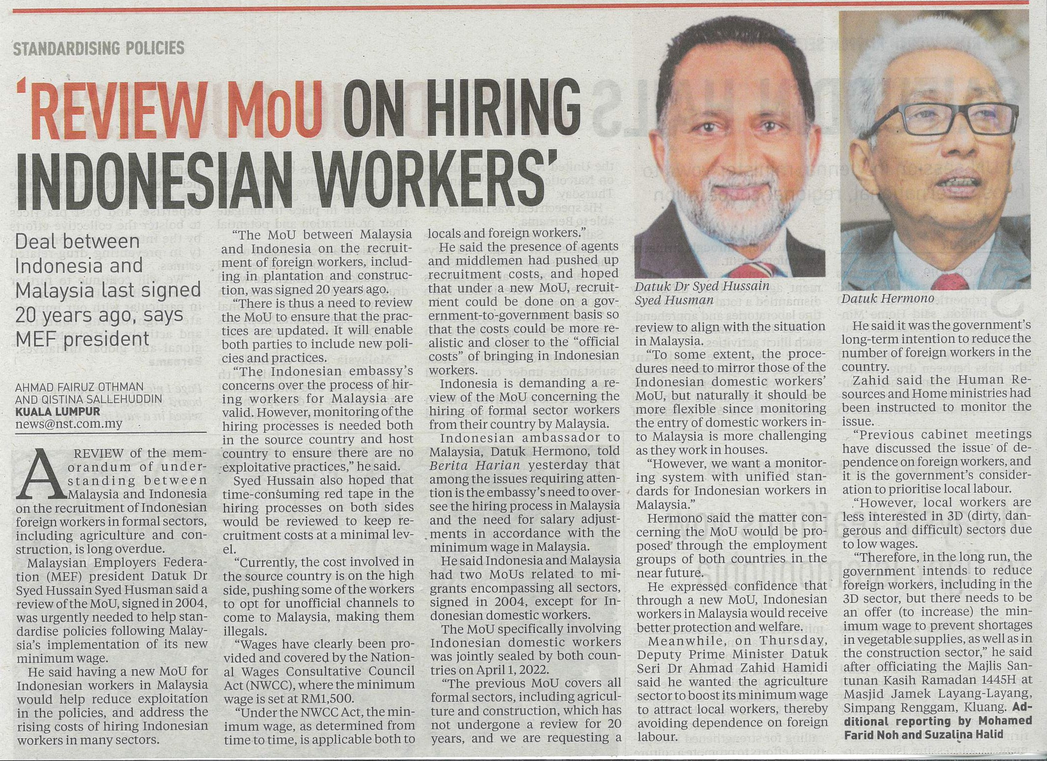 'Review MoU on hiring Indonesian workers'
