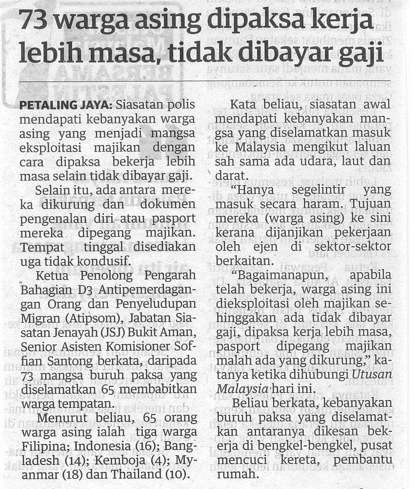 73 warga asing dipaksa kerja lebih masa, tidak dibayar gaji