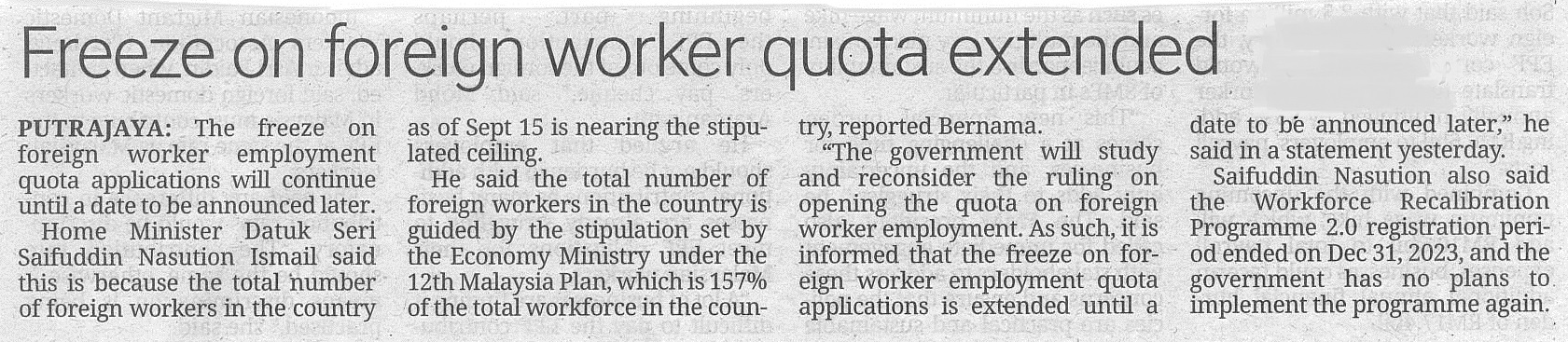 Freeze on foreign worker quota extended