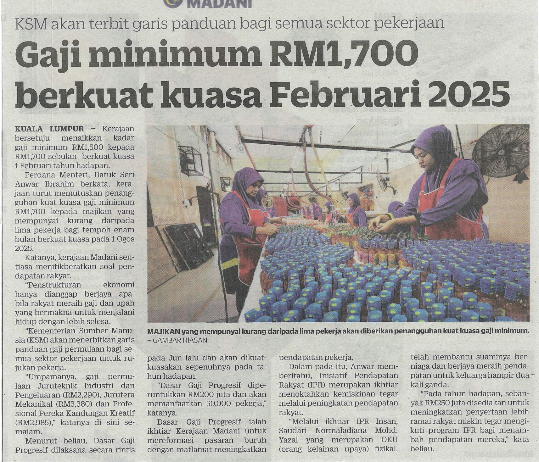 Gaji minimum RM1,700 berkuat kuasa Februari 2025