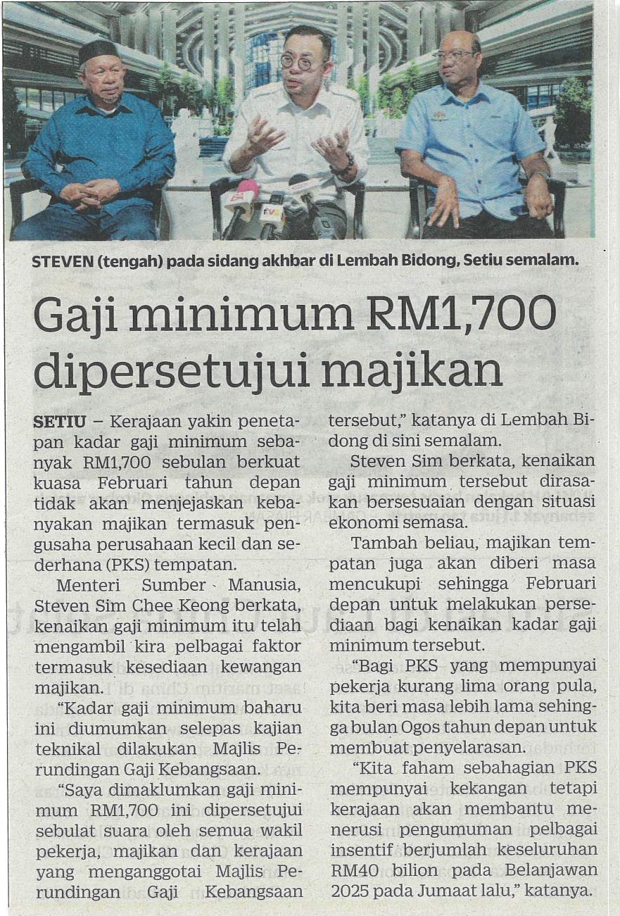 Gaji minimum RM1,700 dipersetujui majikan