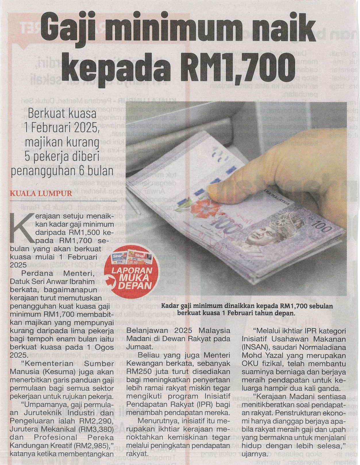 Gaji minimum naik kepada RM1,700