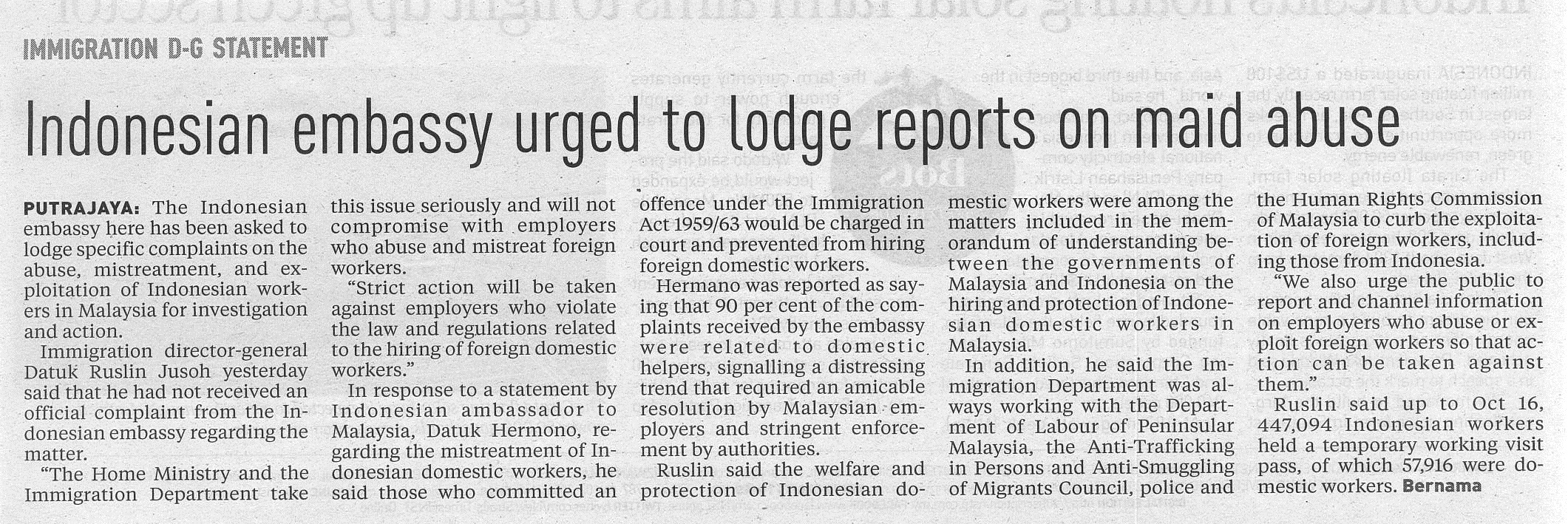 Indonesia embassy urged to lodge reports on maid abuse | Jabatan Tenaga ...