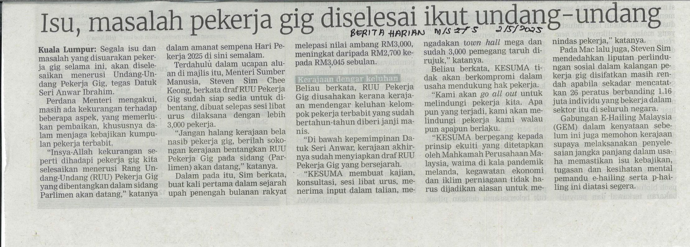 Isu, masalah Pekerja GIG Diselesai ikut undang-undang