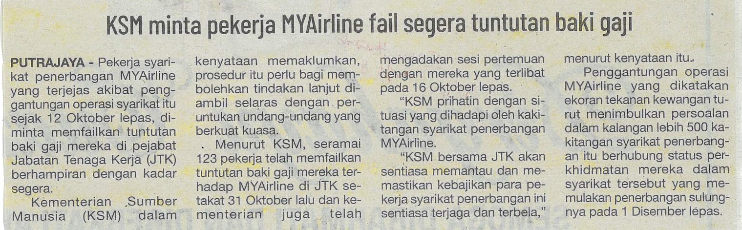 KSM minta pekerja MYAirline fail segera tuntutan baki gaji