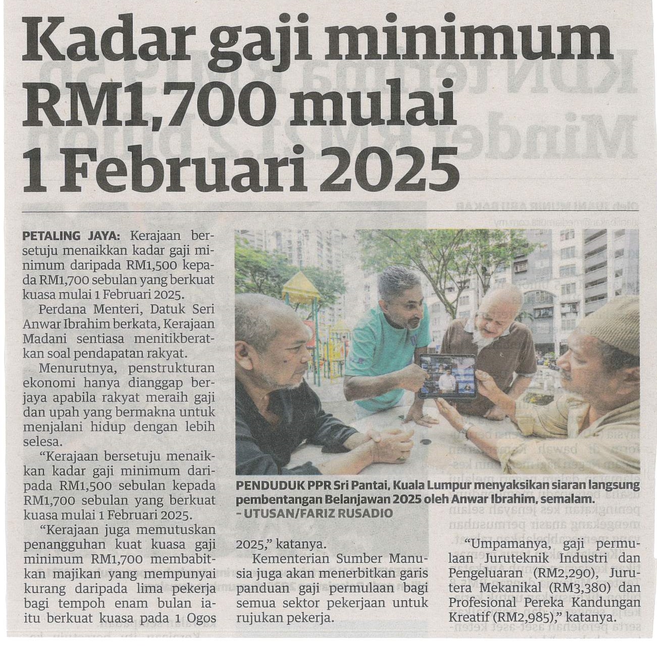 Kadar gaji minimum RM1,700 mulai 1 Februari 2025