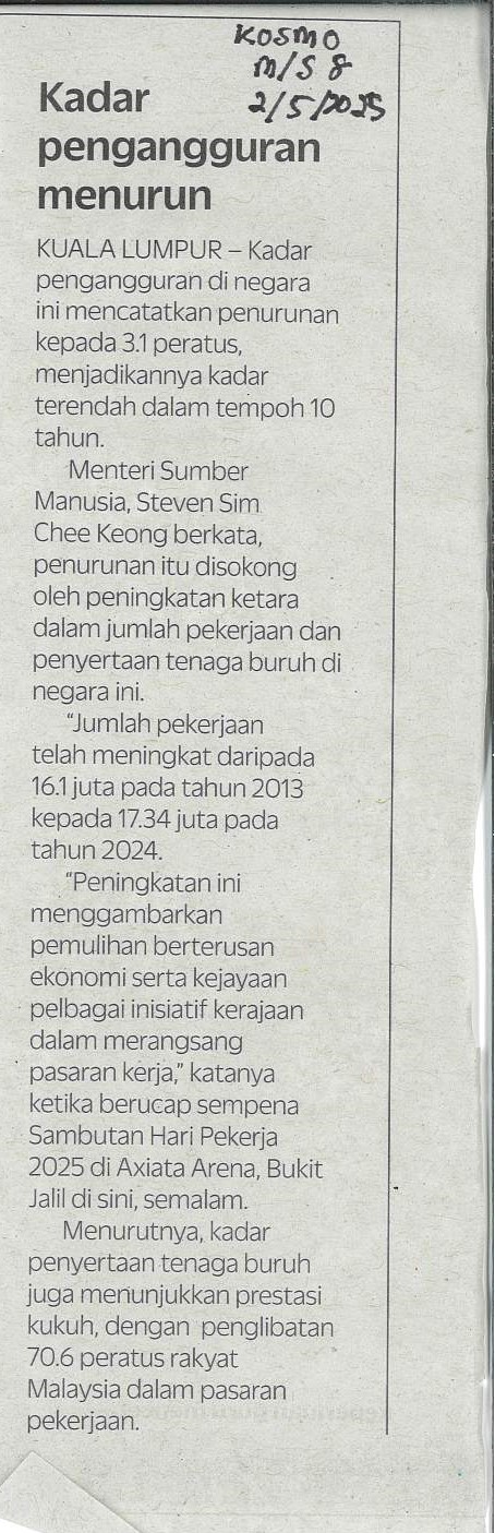 Kadar Pengangguran menurun 