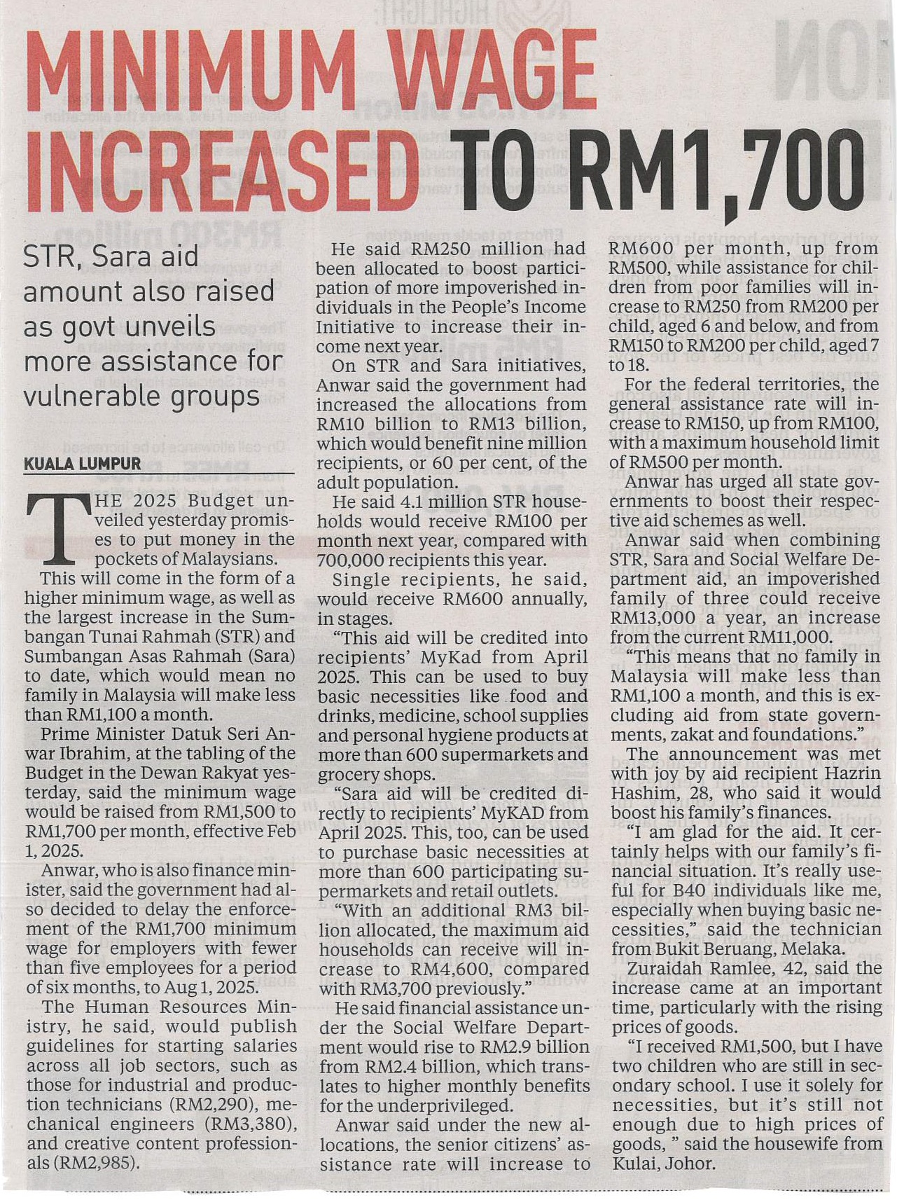 Minimum wage increased to RM1,700