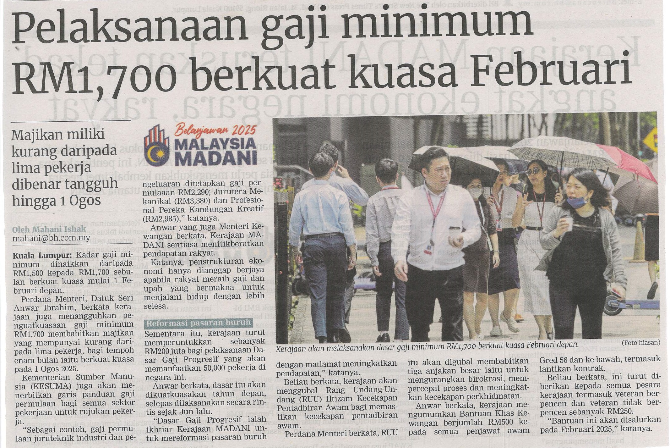 Pelaksanaan gaji minimum RM1,700 berkuat kuasa Februari
