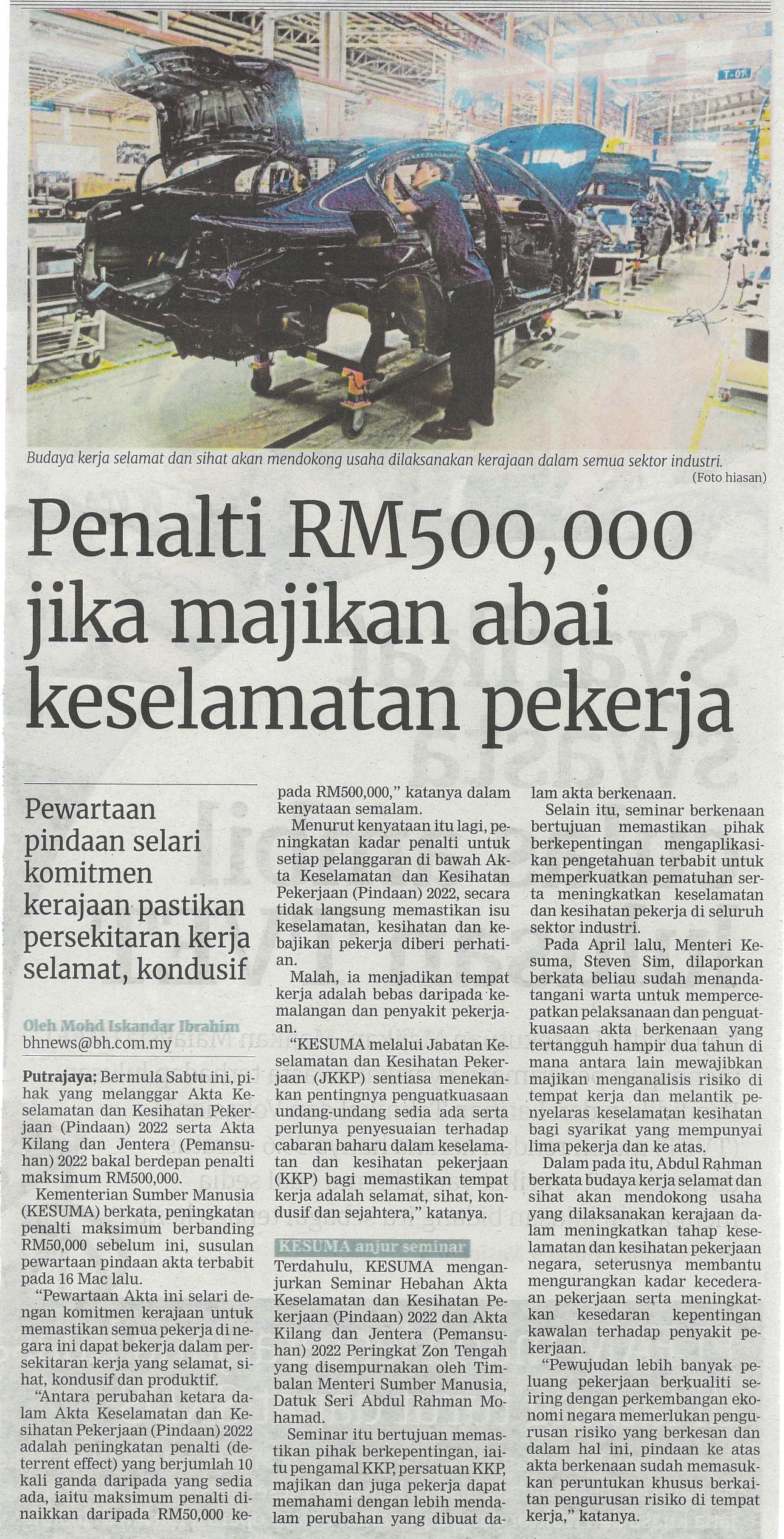 Penalti Rm500,000 jika majikan abai keselamatan pekerja