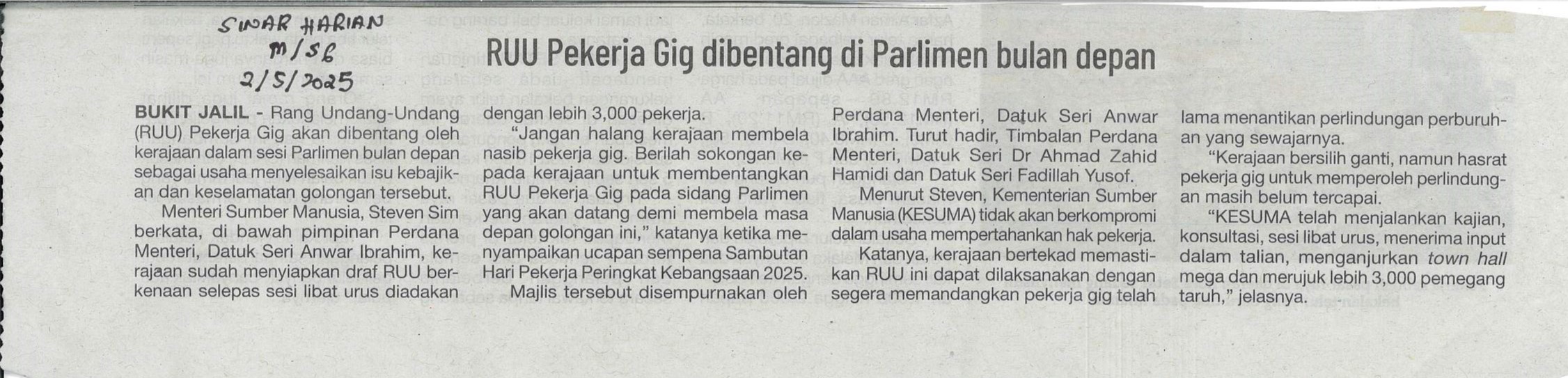 RUU Pekerja GIG Dibentang di Parlimen bulan depan 