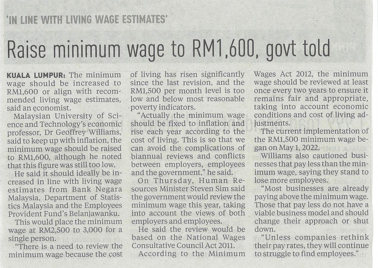 Raise minimum wage to RM 1,600, govt told