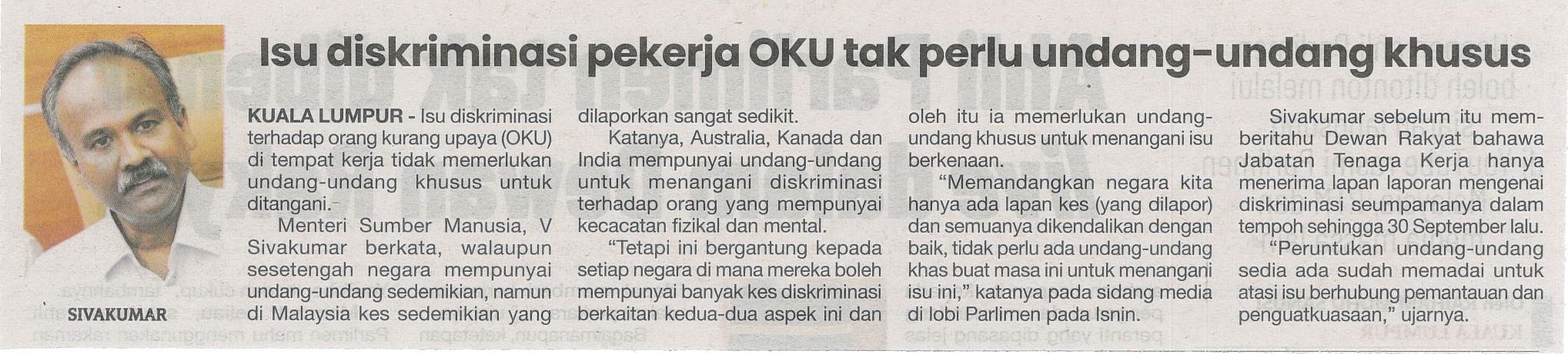 isu diskriminasi OKU tak perlu undang- undang khusus