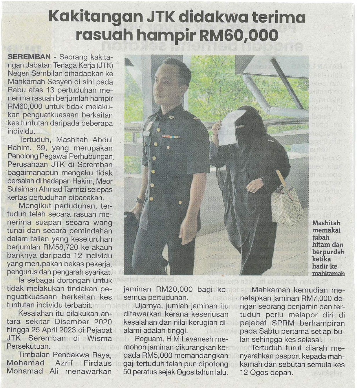 kakitangan JTK didakwa terima rasuah hampir RM60,000