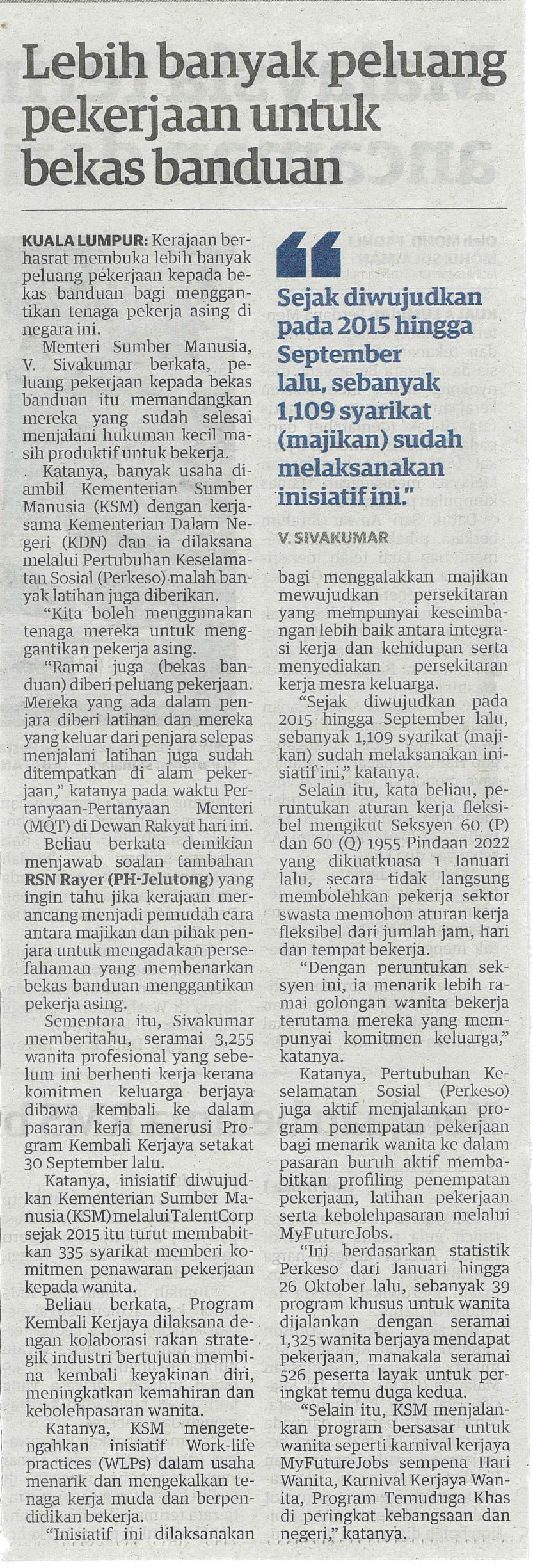 lebih banyak peluang pekerjaan untuk bekas banduan