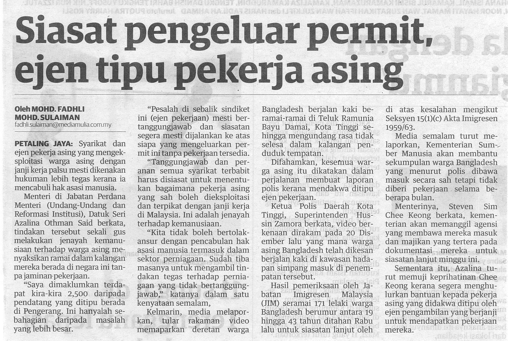 siasatan pengeluaran permit, ejen tipu pekerja asing